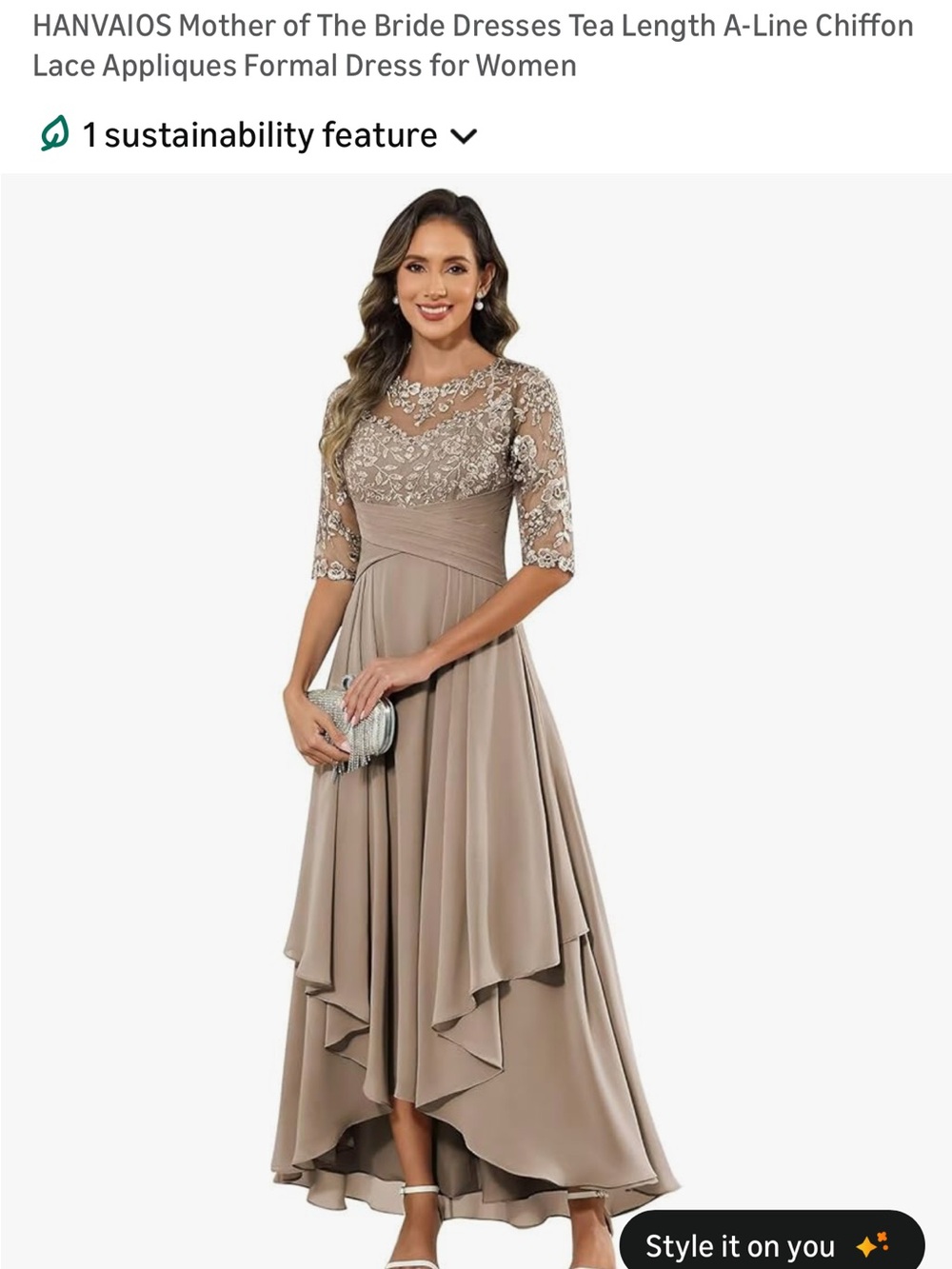 Embroidered Chiffon High-Low Evening Dress in Taupe